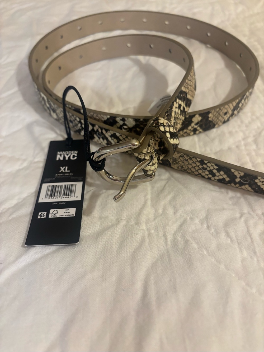 Madden NYC Snake-Print Beige and Black Belt with Gold Buckle